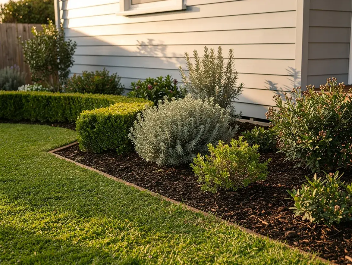 Freshly mulched garden beds with clipped hedges and native shrubs beside a weatherboard house