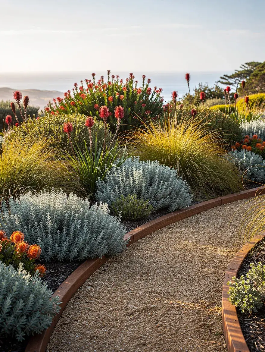 A coastal native garden with silver saltbush, grasses and red kangaroo paw beside a curving gravel path
